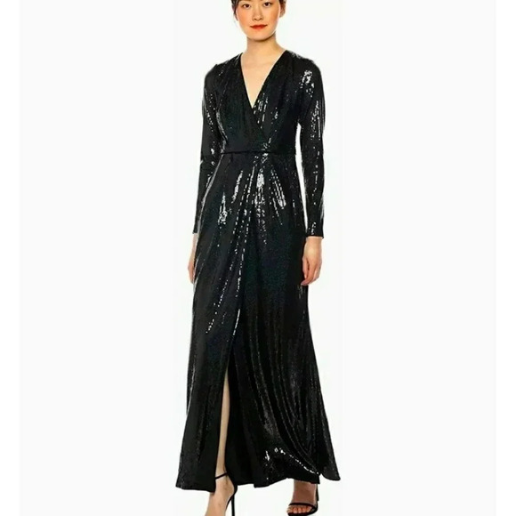 299 Women's Calvin Klein Allover Sequin Long Sleeve Gown Cross Front V Prom Sz 2 - Picture 1 of 6